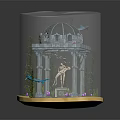 Cartoon Underwater Scene Transparent Cube Container With Dome Structure Columns Statue Plants On Wooden Base