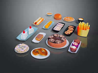 Assorted Delicious Foods Collection Featuring Cakes Burgers Fries Desserts And Snacks 3d model