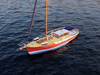 Red And Blue Sailboat Yacht With Tall Mast And Wooden Deck On Sea 3d model