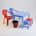 Kids Dining Table Set With Blue Table Red And Blue Chairs And Stools 3d model