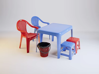 Kids Dining Table Set With Blue Table Red And Blue Chairs And Stools 3d model