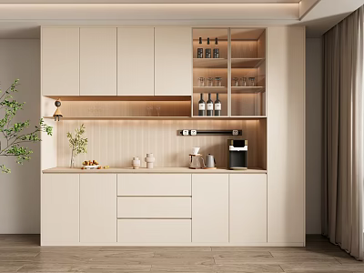 Modern Elegant White Wine Cabinet in Open Kitchen Interior with Glass Shelves and Storage Space 3d model