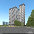 Modern High Rise Office Buildings With Glass Curtain Walls Greenery And Cars On Road
