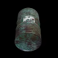 Tech Exhibition Hall Showcasing Green Rusty Metal Oil Drum With Worn White Label