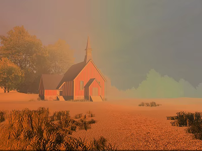 European Church Architecture With Red Exterior Steeple Trees And Pastel Sky 3d model