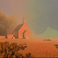 European Church Architecture With Red Exterior Steeple Trees And Pastel Sky