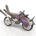 Unique Designed Motorcycle With Purple Decorative Patterns Horn Like Parts And Leather Seat