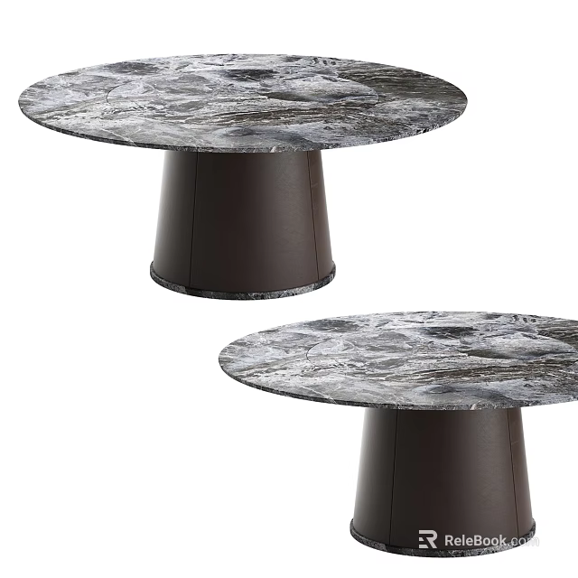 Two Modern Dining Tables With Marble Texture Top And Dark Brown Cylindrical Base 3d model 
