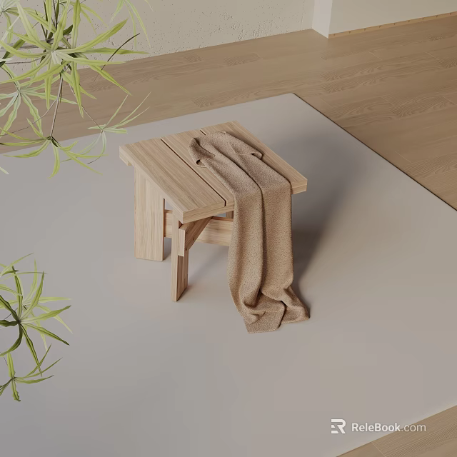 Wooden Side Table With Blanket Draped Over On Light Colored Mat With Green Plants 3d model