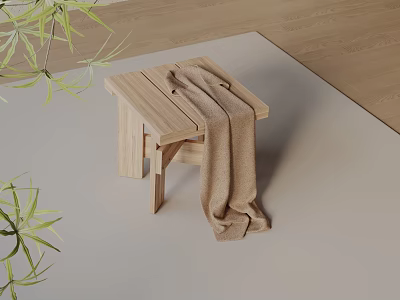 Wooden Side Table With Blanket Draped Over On Light Colored Mat With Green Plants 3d model