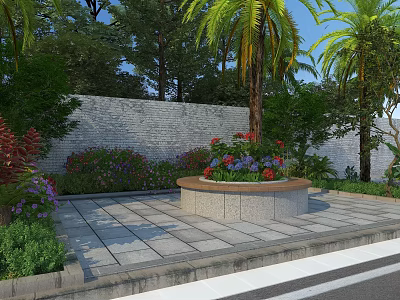 Circular Landscape Seating with Central Flower Bed Surrounded by Palm Trees and Stone Wall 3d model