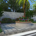 Circular Landscape Seating with Central Flower Bed Surrounded by Palm Trees and Stone Wall