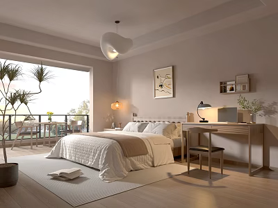 Elegant Hotel Guest Room With Comfortable Bed Balcony View And Modern Pendant Lighting 3d model