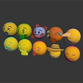 Yellow Emoji Decorative Figurine Set With Various Expressions Arranged Display And Reflections On Dark Background