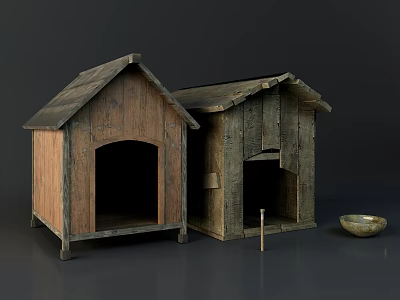 Two Rustic Wooden Dog Houses With Open Doorways And Small Bowl 3d model