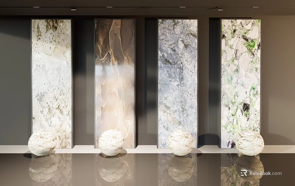 Different Textured Marble Slabs Showcase With White Spherical Decor In Modern Display Area 3d model