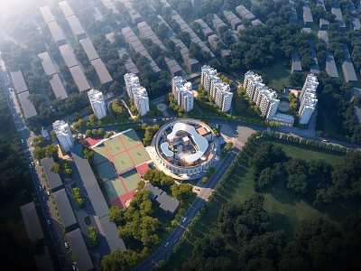 Aerial View Residential Community With Circular Building High Rise Buildings Green Spaces And Sports Field 3d model