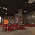Industrial Bar Interior Design With Red Tables Chairs Black Ceiling Wall Sign And Projection Screen
