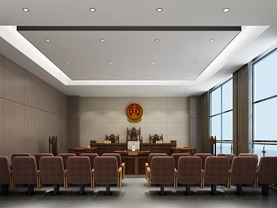 Spacious Courtroom Interior Featuring Judges Bench National Emblem Ceiling Lights And Red Seats 3d model