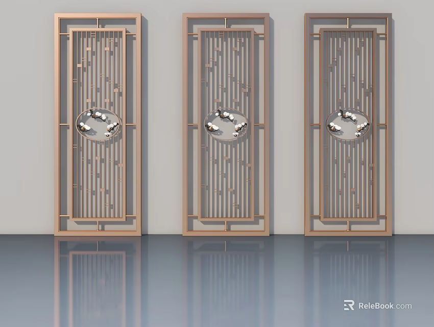 Three Modern Swing Doors With Golden Lattice Frames And Circular Decorative Elements 3d model 