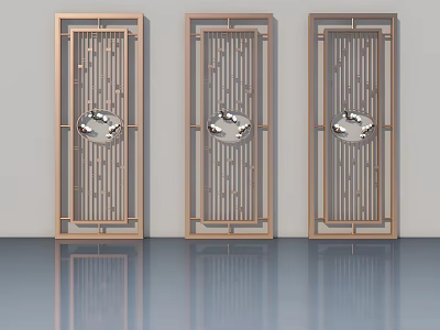 Three Modern Swing Doors With Golden Lattice Frames And Circular Decorative Elements 3d model