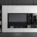 Modern White and Black TV Stand with Open Shelves Books and Decorative Items