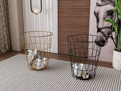 Gold And Black Wire Baskets With Silver Items In Indoor Setting Horse Portrait Plant 3d model