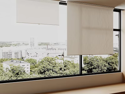 Roller Blinds on Window with City View Green Trees and Natural Light 3d model