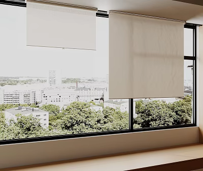 Roller Blinds on Window with City View Green Trees and Natural Light 3d model