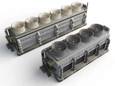 Gray Industrial Factory Building With Multiple Circular Top Structures And Staircases 3d model