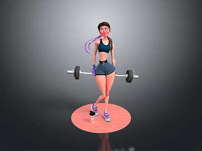 Strong Woman Lifting Barbell In Sports Vest Shorts Sneakers With Water Bottle 3d model