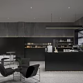 Modern Black Themed Café Interior With Sleek Counter Tables Chairs And Product Shelves