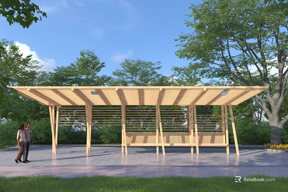 Wooden Outdoor Pergola With Slatted Roof Bench Seats And Green Trees 3d model 