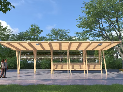 Wooden Outdoor Pergola With Slatted Roof Bench Seats And Green Trees 3d model
