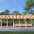 Wooden Outdoor Pergola With Slatted Roof Bench Seats And Green Trees