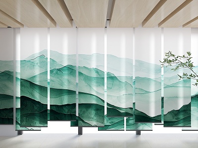 New Chinese Zen Style Gauze Curtain Ink Painting Gauze Curtain New Chinese Style Tea Room Roller Curtain Modern Office Roller Curtain Floor-to-Floor Window Roller Curtain 3d model