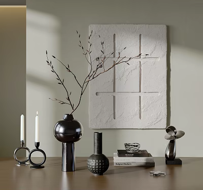 Modern Decorative Ornament Set With Textured Wall Art Vase Twigs Candle Holders And Metal Sculpture 3d model