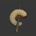 Beige Caterpillar With Red Head Crawling On Wooden Stick Against Gray Background