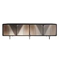 Modern TV Stand With Black Frame And Geometric Wood Panel Doors On Metal Legs