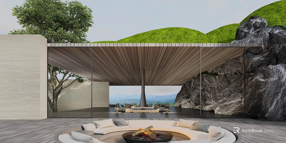 Elegant Entrance Gate With Green Roof Wooden Canopy Glass Walls And Natural Surroundings 3d model 