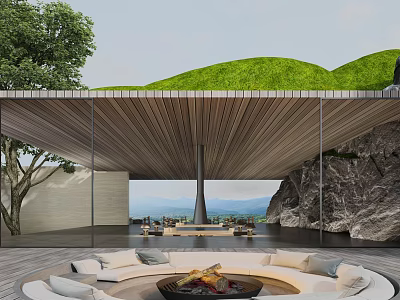 Elegant Entrance Gate With Green Roof Wooden Canopy Glass Walls And Natural Surroundings 3d model