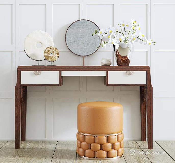 Elegant Modern Dressing Table Design With Round Mirror White Flowers And Brown Stool 3d model
