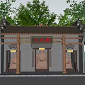 Ancient Architecture Earth God Temple with Classic Roof Wooden Pillars Stone Statue and Trees