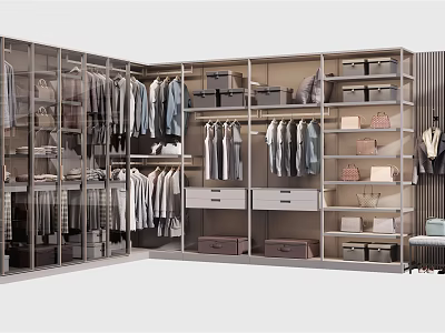 Modern Wardrobe Interior With Open Hanging Areas Drawers Shelves And Accessories Storage 3d model