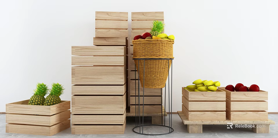 Wooden Display Shelves With Stacked Crates Metal Stand And Wicker Basket Holding Fruits 3d model 