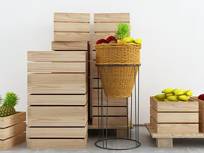 Wooden Display Shelves With Stacked Crates Metal Stand And Wicker Basket Holding Fruits 3d model