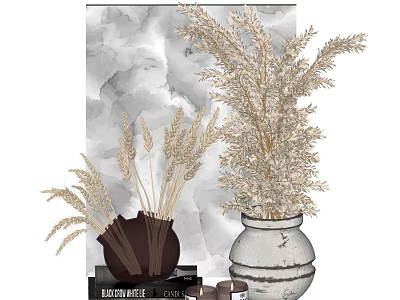 Elegant Decorative Ornament Set With Dried Wheat Reed In Ceramic Vases On Marble Background 3d model