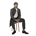 Man Sitting on Wooden Chair Wearing Gray Coat White Shirt Cap Against Pink Gradient Background