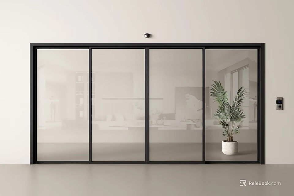 Modern Glass Sliding Doors With Black Frames And Indoor Plant In Living Room 3d model 