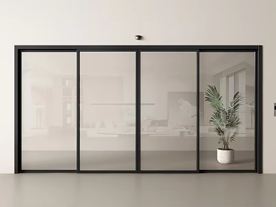 Modern Glass Sliding Doors With Black Frames And Indoor Plant In Living Room 3d model